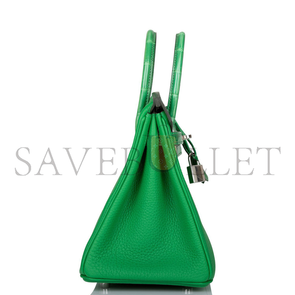 H**mes master birkin 25 crocodile and togo leather bamboo green silver buckle h076216ck21 (25*20*13cm)